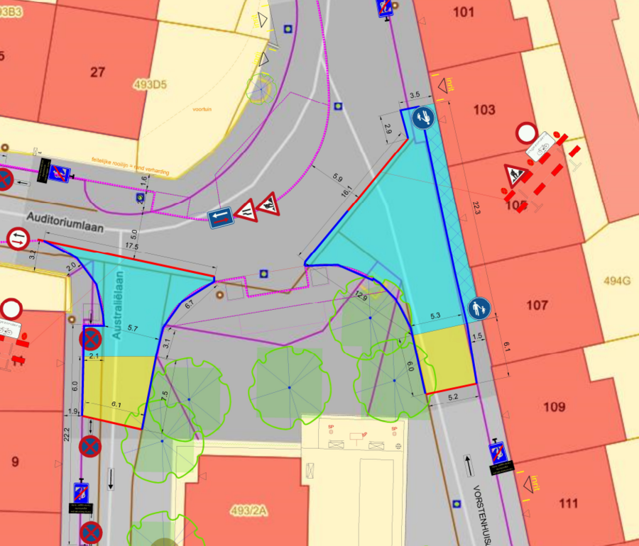 De werfzone tijdens fase 4 (aangeduid in blauw en geel). Tijdens deze fase is er geen verkeer mogelijk rondom het plein. De garages rondom het plein zijn niet bereikbaar.